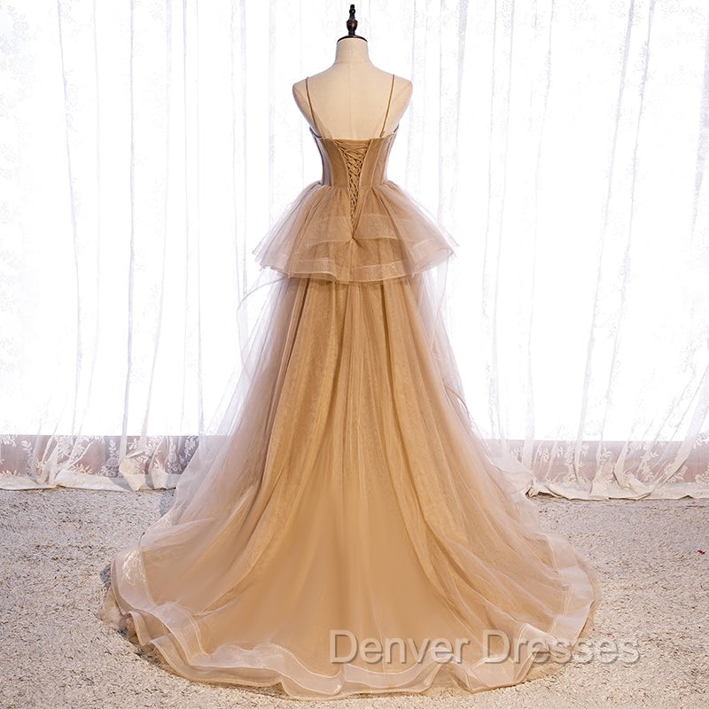 Champagne Tulle Sweetheart Straps Long Ball Gown Prom Dress, Champagne Party Dress