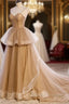Champagne Tulle Sweetheart Straps Long Ball Gown Prom Dress, Champagne Party Dress
