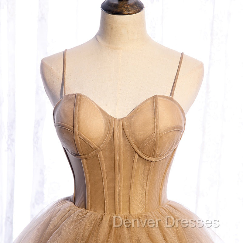 Champagne Tulle Sweetheart Straps Long Ball Gown Prom Dress, Champagne Party Dress