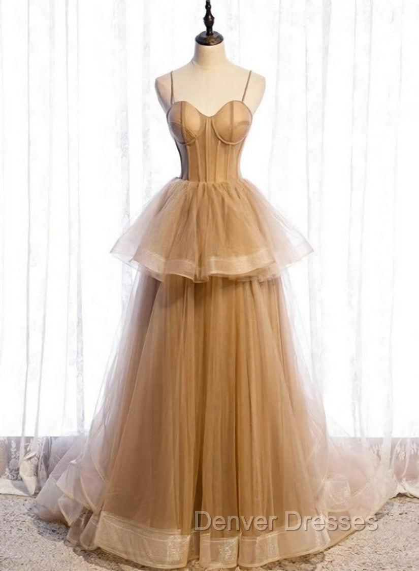 Champagne Tulle Sweetheart Straps Long Ball Gown Prom Dress, Champagne Party Dress Main image