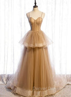 Champagne Tulle Sweetheart Straps Long Ball Gown Prom Dress, Champagne Party Dress