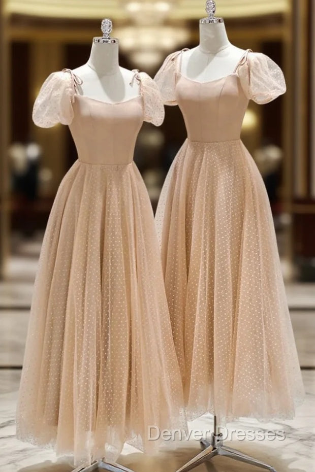 Champagne Tulle Tea Length Prom Dress, Cute Short Sleeve Evening Dress