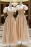 Champagne Tulle Tea Length Prom Dress, Cute Short Sleeve Evening Dress