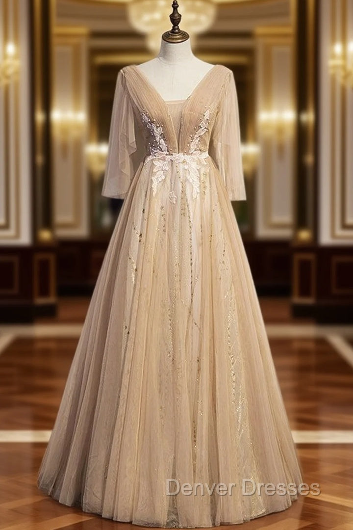 Champagne Tulle V-nec Backless Pleats Prom Dress