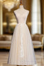 Champagne Tulle V-neck Backless Appliques Prom Dress