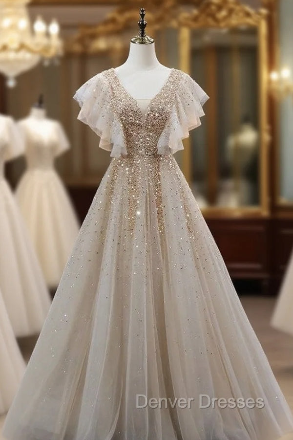 Champagne Tulle V-neck Heavy Beading Prom Dress Main image