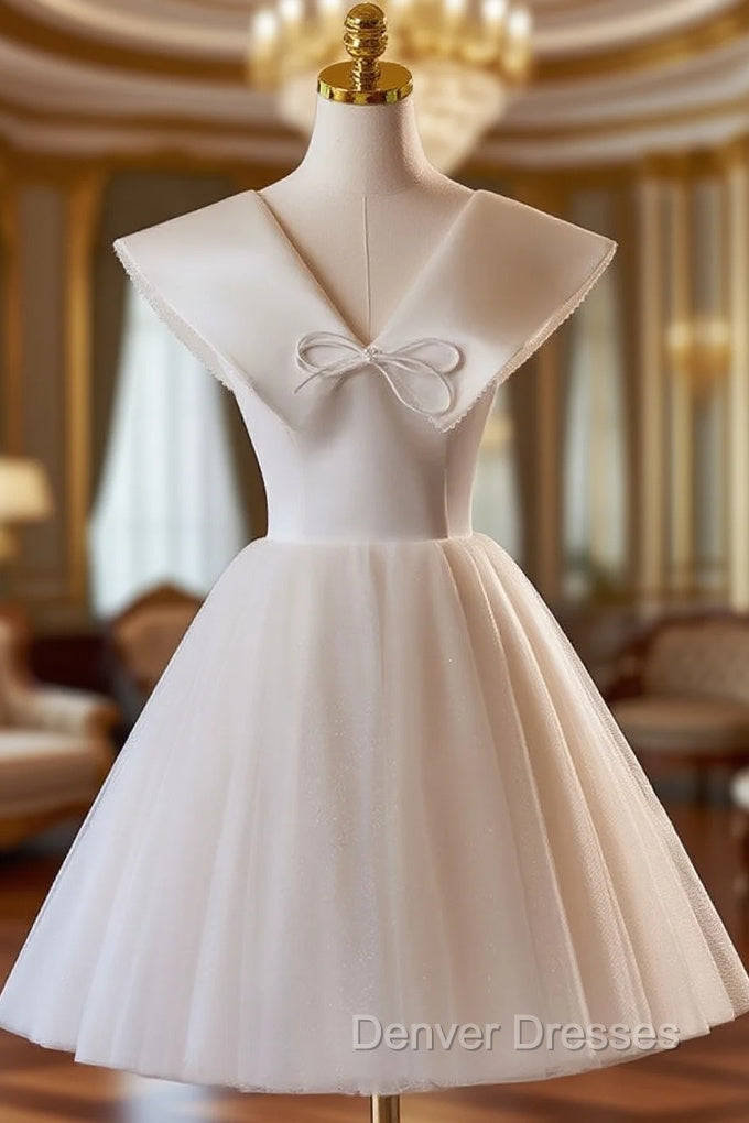Champagne Tulle V-neck Homecoming Dress