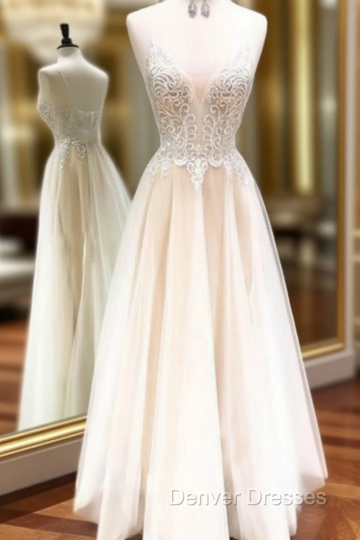 Champagne Tulle V Neck Lace Backless Long Prom Dress