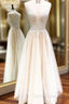Champagne Tulle V Neck Lace Backless Long Prom Dress