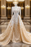 Champagne Tulle V-neck Long Sleeve Prom Dress With Detachable Train