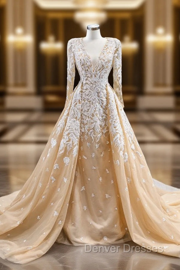 Champagne Tulle V-neck Long Sleeve Prom Dress With Detachable Train Main image