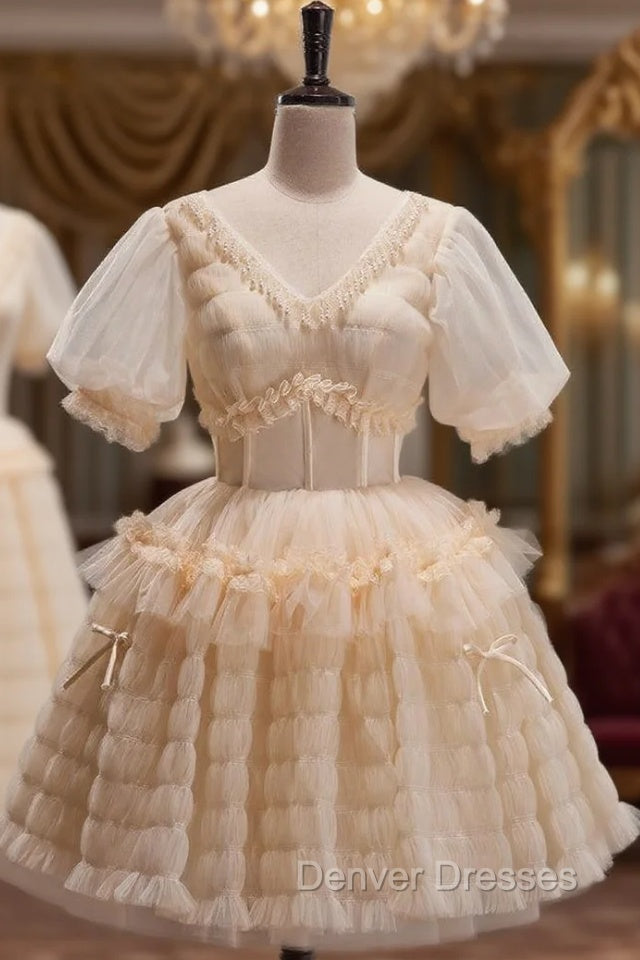 Champagne Tulle V-neck Puff Sleeve Homecoming Dress Main image