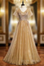 Champagne Tulle V-neck Short Sleeve Beading Prom Dress
