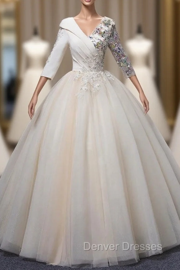 Champagne Tulle V-neck Short Sleeve Quinceanera Dress