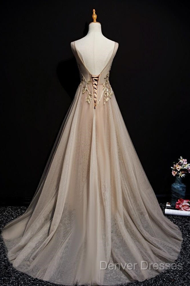 Champagne Tulle V-Neckline Long Lace Prom Dress, A-Line Formal Gown Party Dress Secondary image