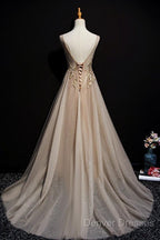 Champagne Tulle V-Neckline Long Lace Prom Dress, A-Line Formal Gown Party Dress