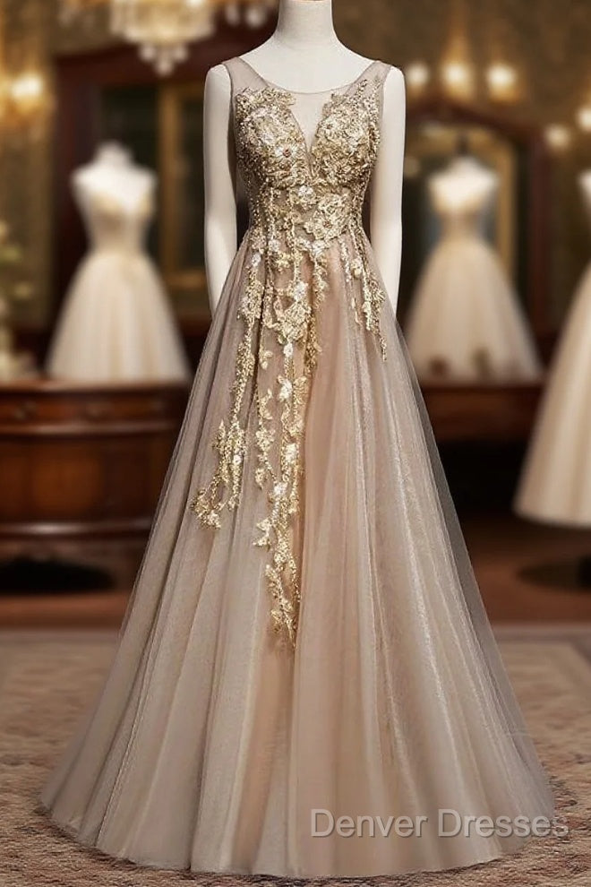 Champagne Tulle V-Neckline Long Lace Prom Dress, A-Line Formal Gown Party Dress Main image