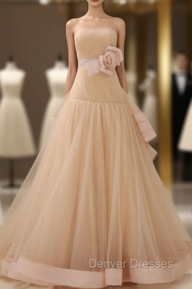 Champagne Tulle With Flower Strapless Backless Wedding Dress