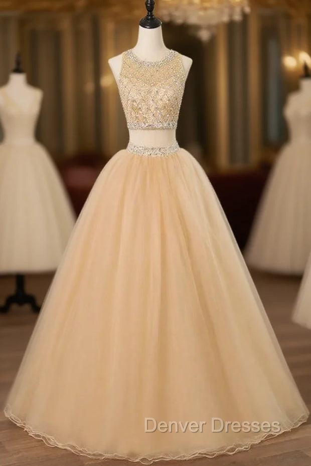 Champagne Two Piece O-neck Sparkling Beaded Crystals Tulle Sweet 16 Dress