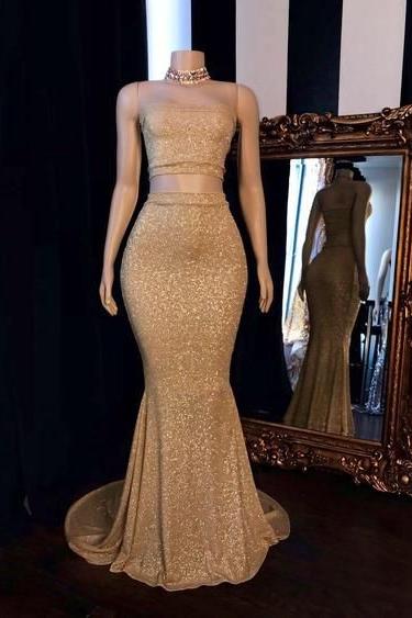 Champagne Two-Piece Strapless Long Mermaid Prom Dresses With Choker