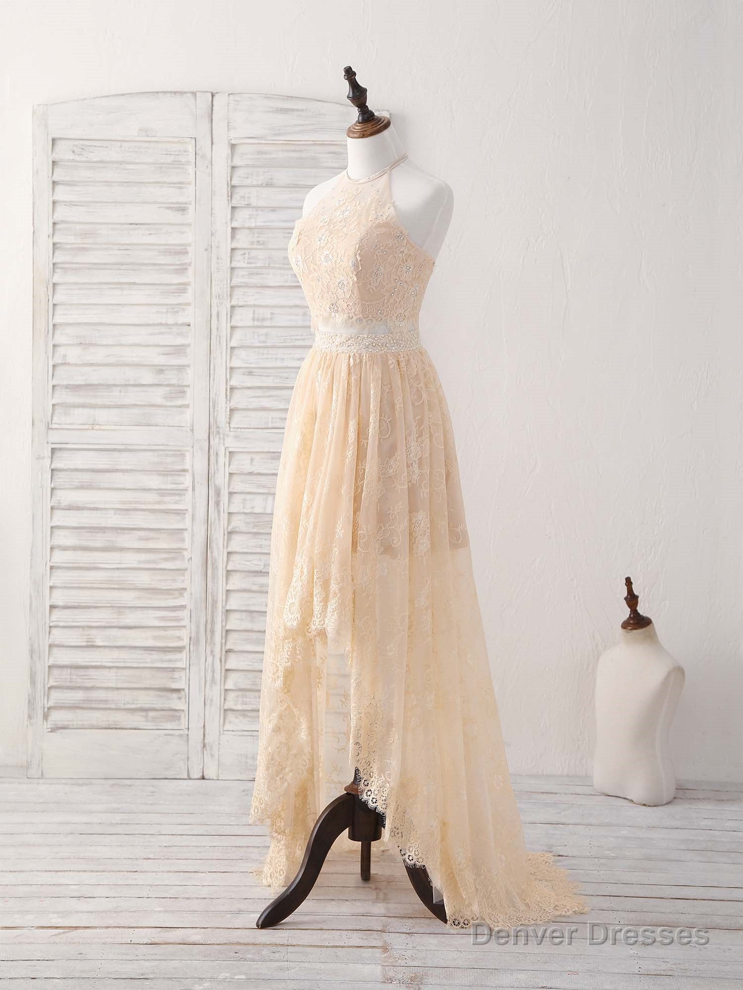 Champagne Two Pieces Lace Long Prom Dress Lace Evening Dress