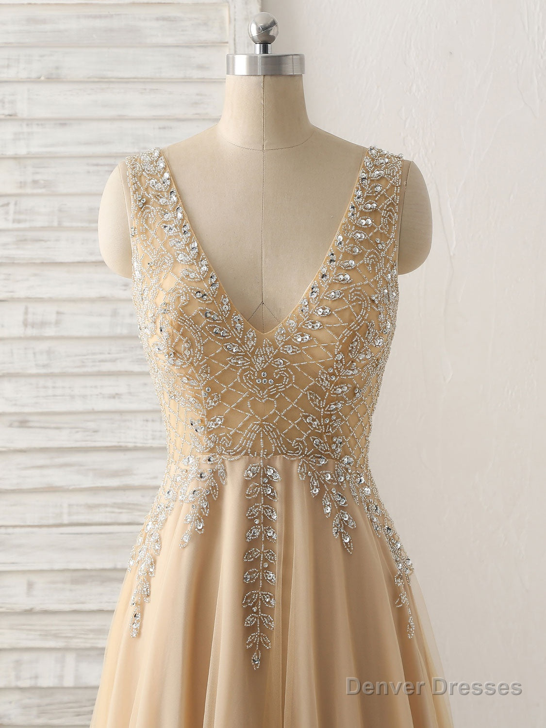 Champagne V Neck Beads Long Prom Dress Tulle Evening Dress