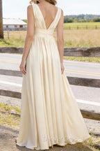 Champagne V Neck Chiffon Floor Length Bridesmaid Dresses Long Bridesmaid Dress With Pleated Split