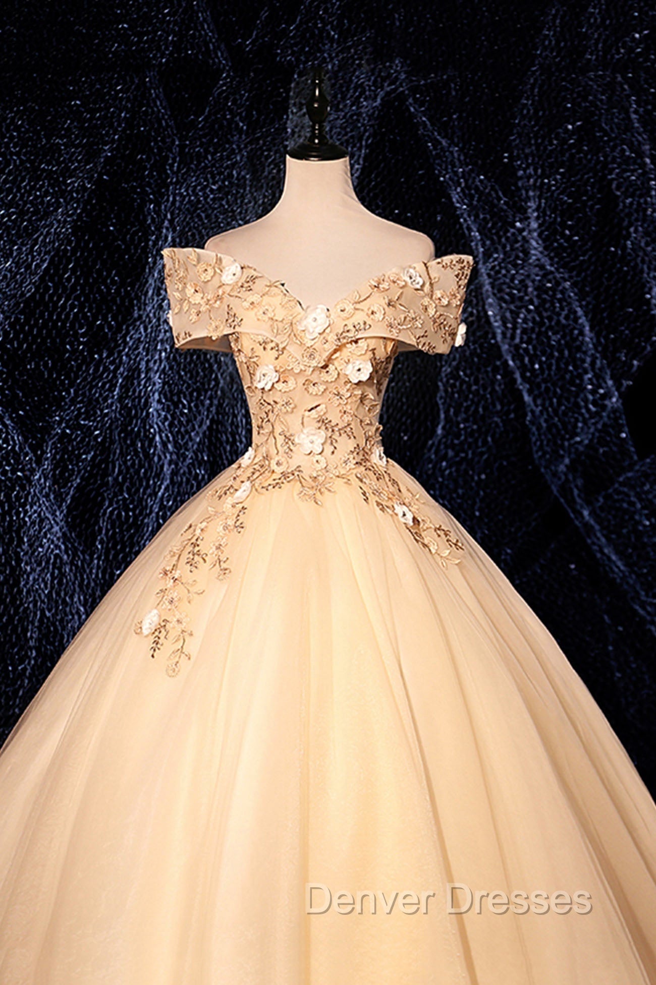 Champagne V-Neck Lace Long Ball Gown, Off the Shoulder Formal Evening Dress Secondary image