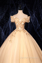 Champagne V-Neck Lace Long Ball Gown, Off the Shoulder Formal Evening Dress