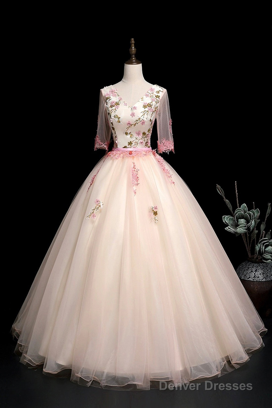 Champagne V-Neck Lace Long Prom Dress, A-Line 1/2 Sleeves Evening Party Dress Main image