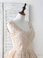 Champagne V Neck Lace Short Prom Dress Champagne Bridesmaid Dress
