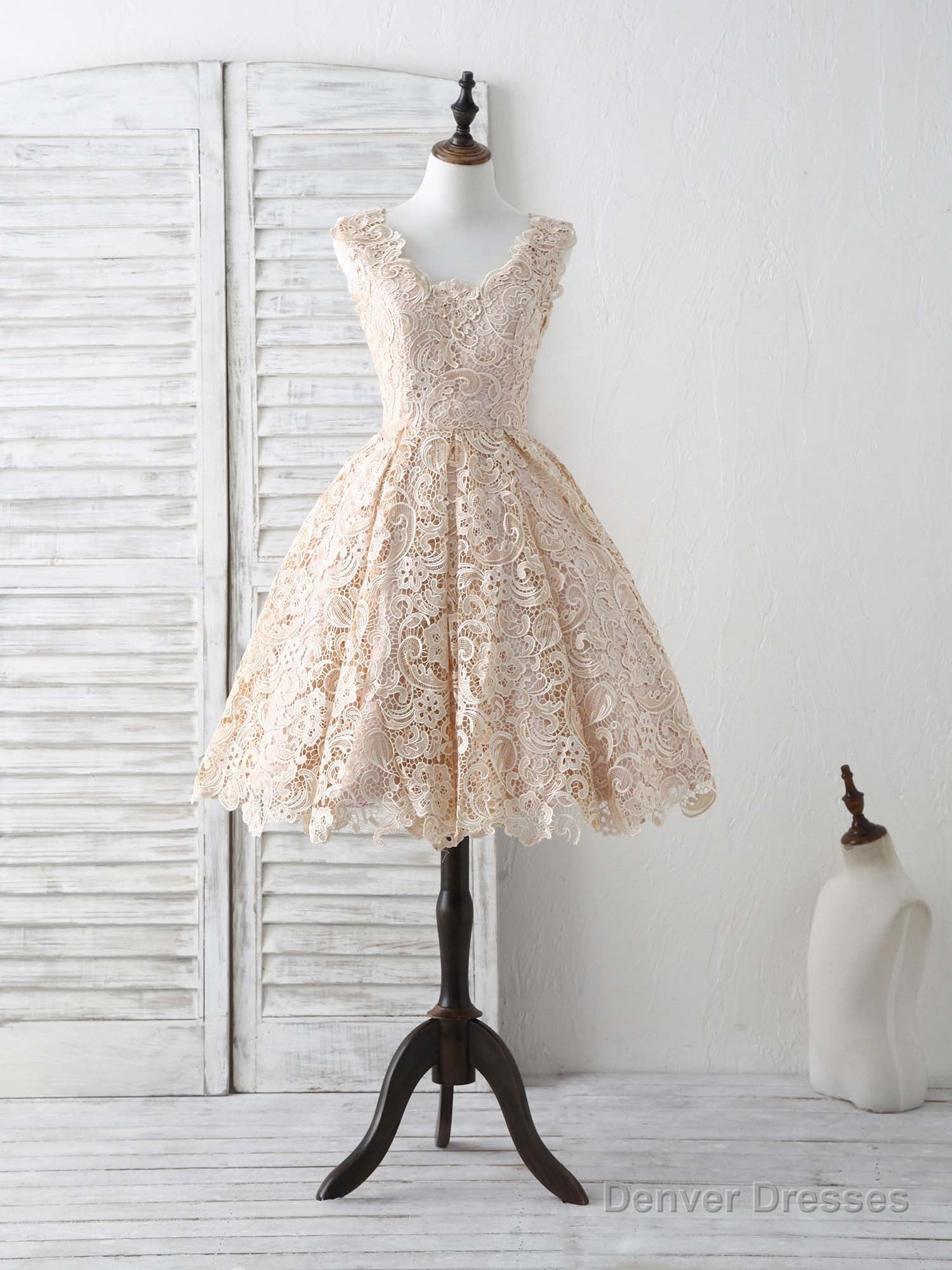 Champagne V Neck Lace Short Prom Dress Champagne Bridesmaid Dress Secondary image