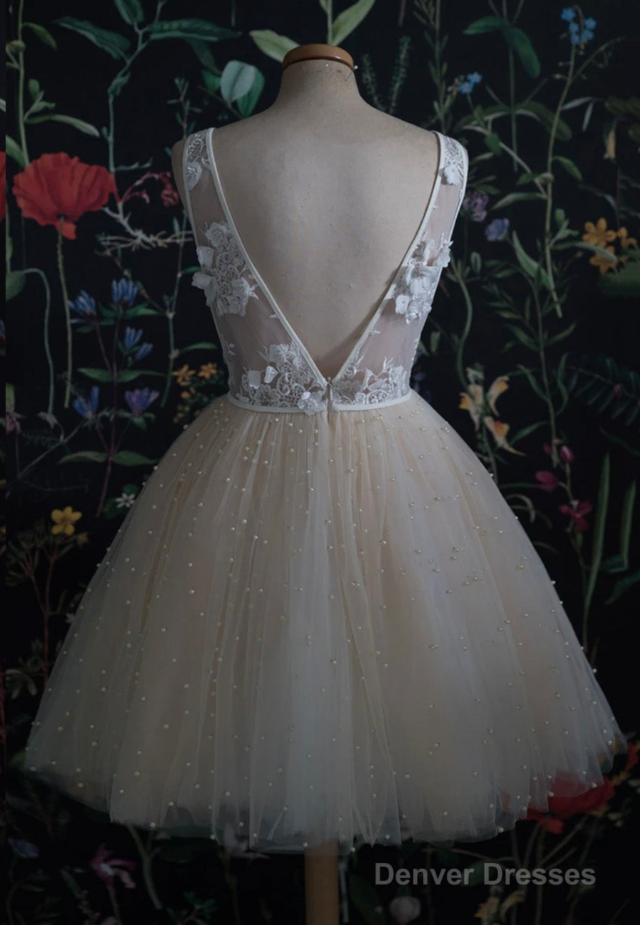 Champagne V-Neck Lace Short Prom Dresses, A-Line Mini Party Dresses