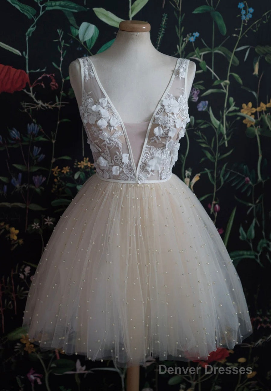 Champagne V-Neck Lace Short Prom Dresses, A-Line Mini Party Dresses Main image