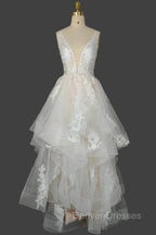 Champagne V-Neck Long Prom Dress A-Line Tulle Formal Evening Dress