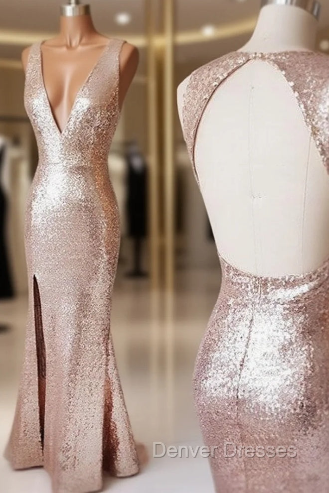 Champagne V Neck Sequin Open Back Long Prom Dress Main image