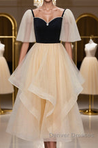 Champagne V Neck Tea Length Prom Dress, Tea-Length Formal Graduation Dress