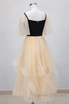 Champagne V Neck Tea Length Prom Dress, Tea-Length Formal Graduation Dress