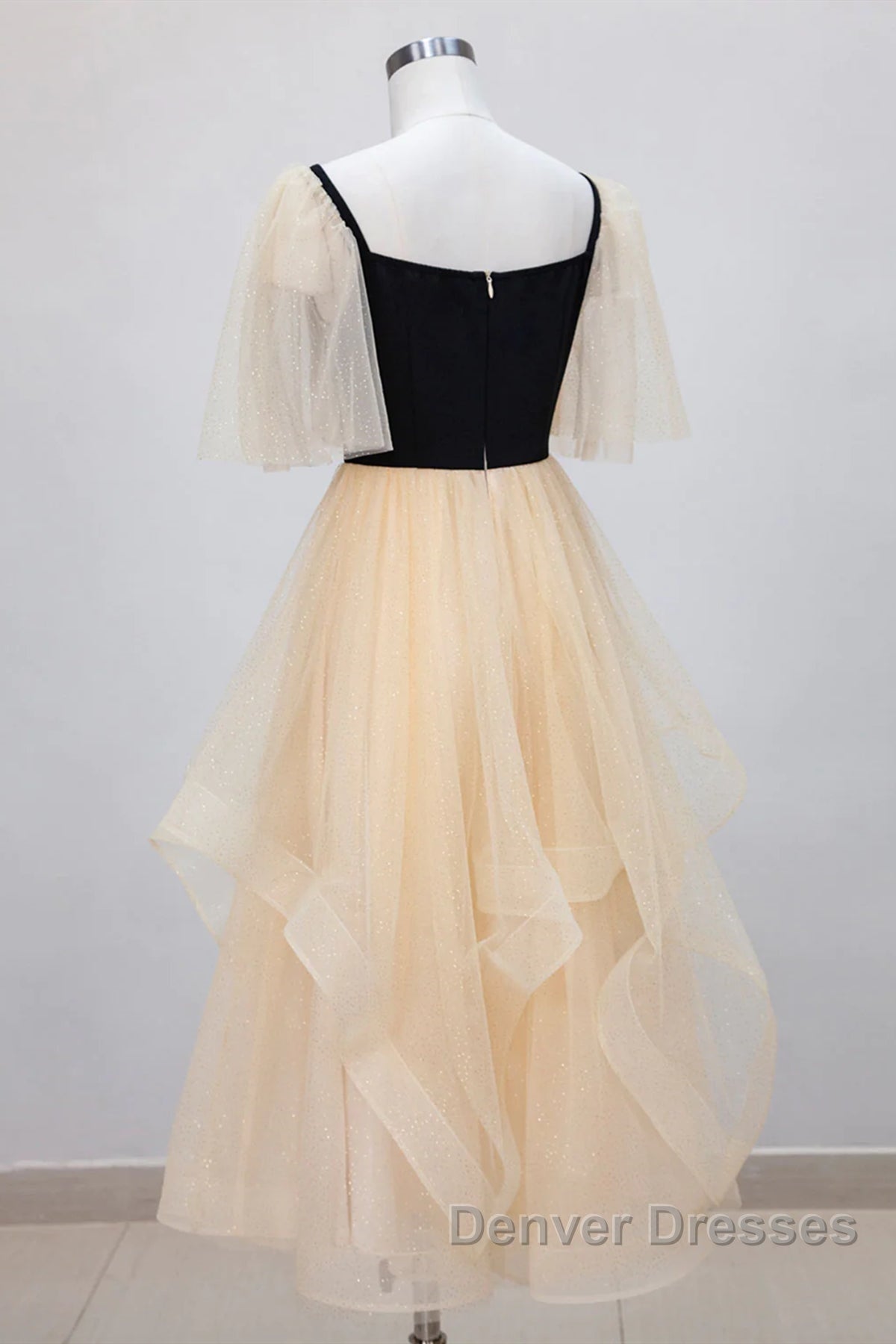 Champagne V Neck Tea Length Prom Dress, Tea-Length Formal Graduation Dress