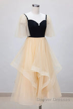 Champagne V Neck Tea Length Prom Dress, Tea-Length Formal Graduation Dress