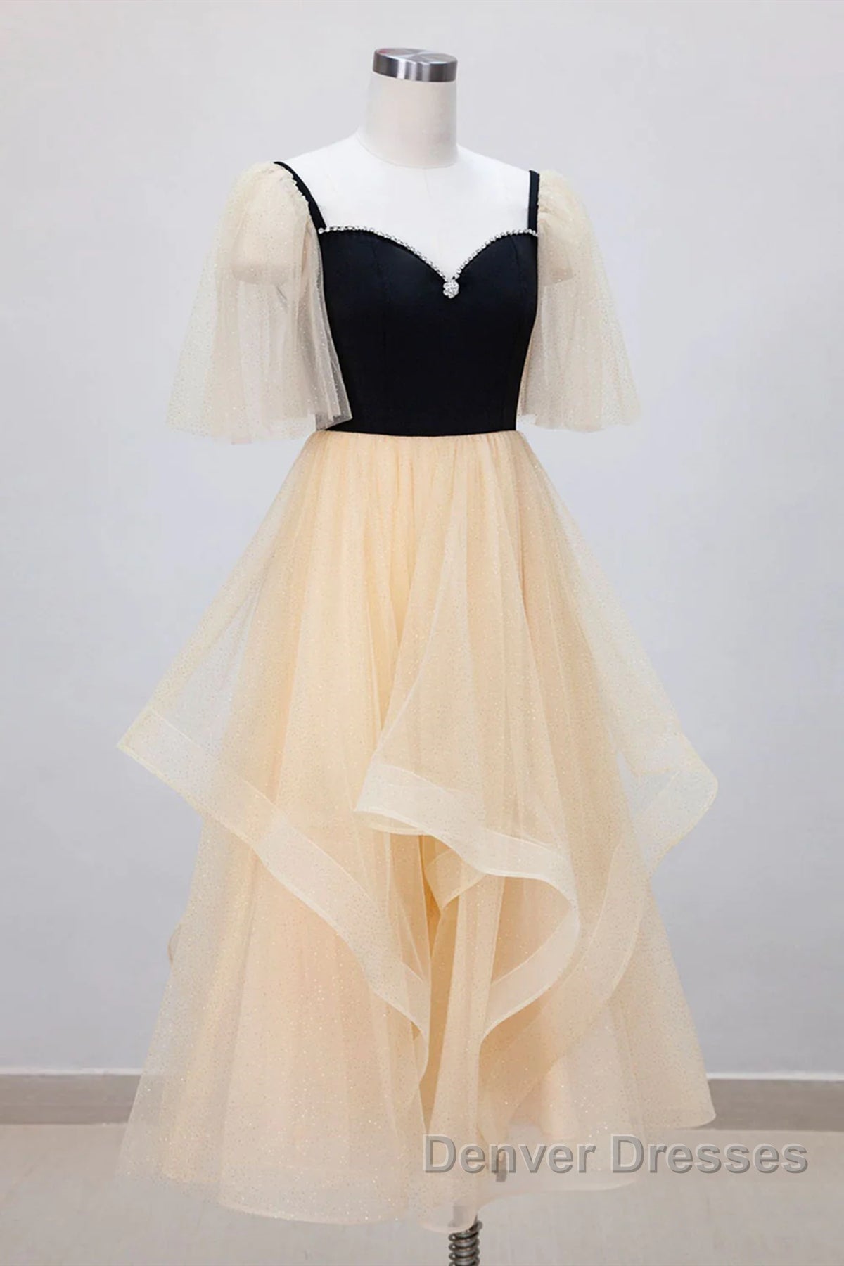 Champagne V Neck Tea Length Prom Dress, Tea-Length Formal Graduation Dress