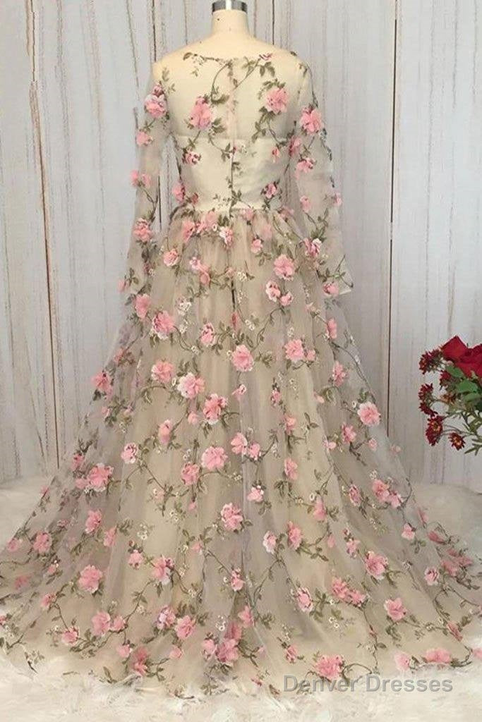Champagne V Neck Tulle 3D Flowers Long Prom Dress Champagne Evening Dress Secondary image