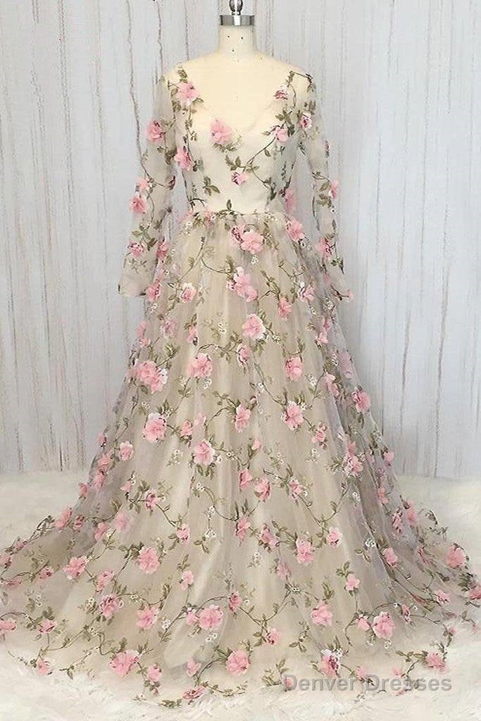 Champagne V Neck Tulle 3D Flowers Long Prom Dress Champagne Evening Dress Main image