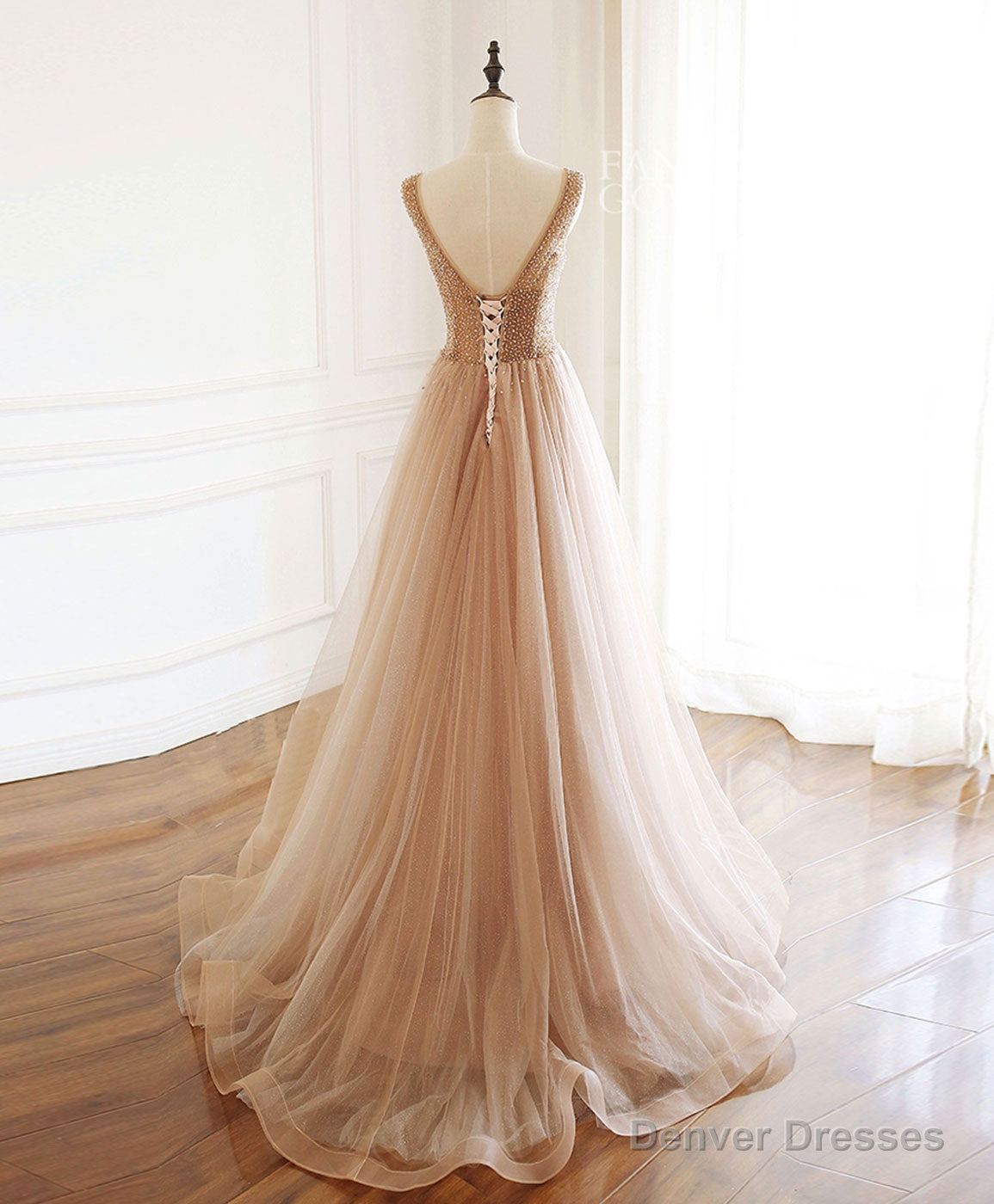 Champagne V Neck Tulle Beads Long Prom Dress Evening Dress