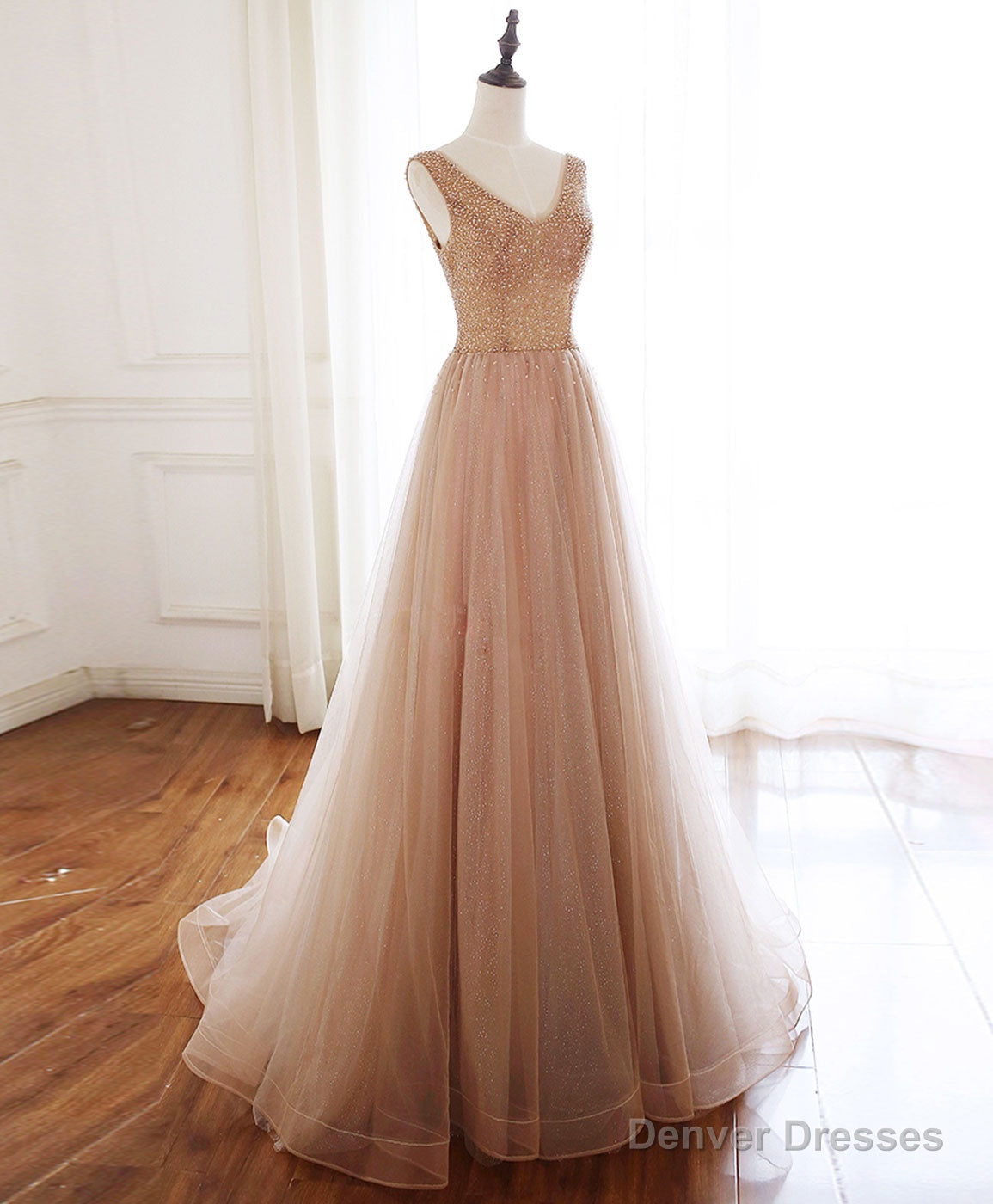 Champagne V Neck Tulle Beads Long Prom Dress Evening Dress Main image