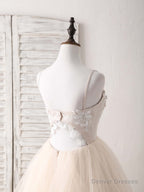 Champagne V Neck Tulle Lace Applique Long Prom Dress Sweet 16 Dress