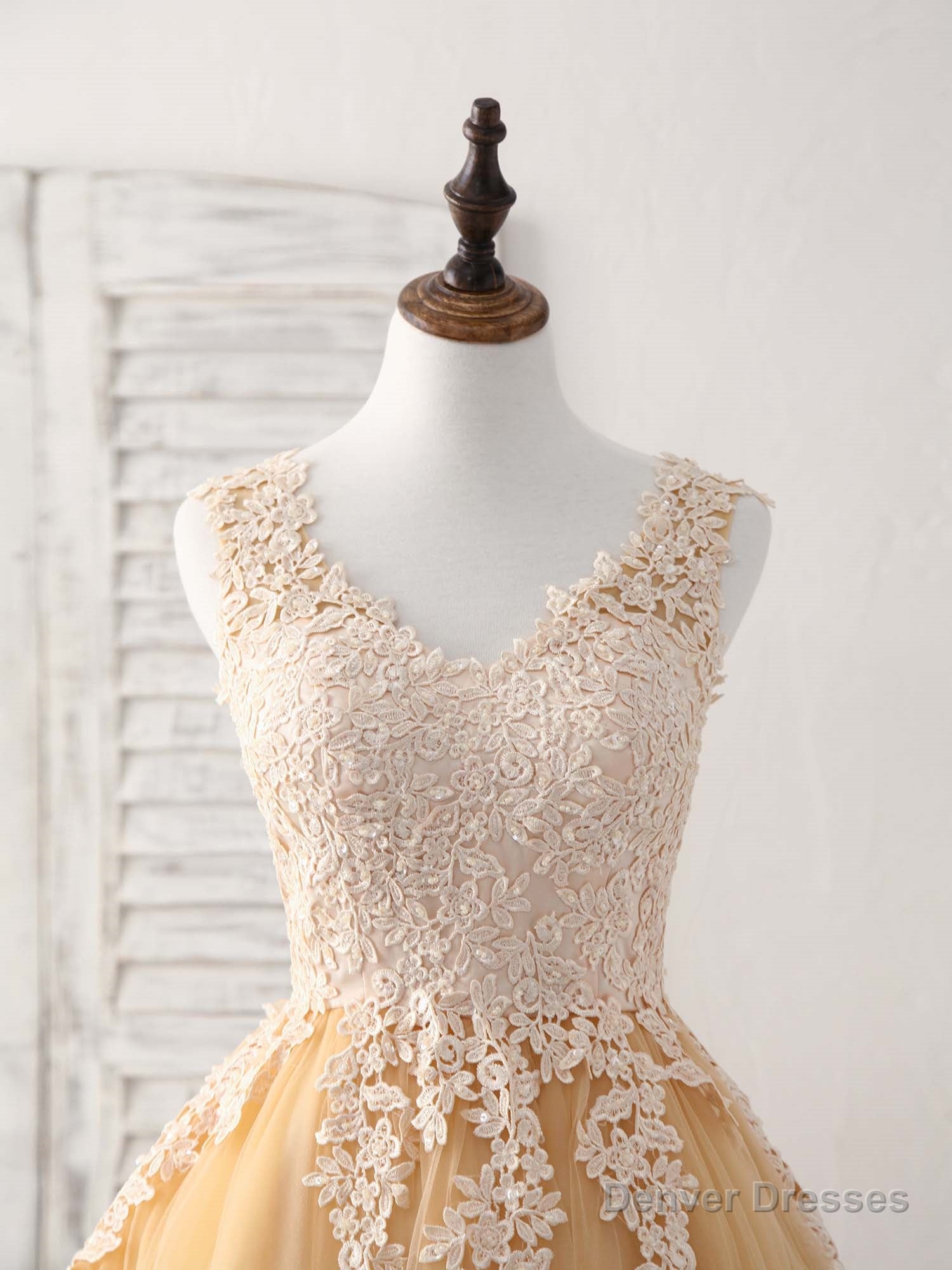 Champagne V Neck Tulle Lace Applique Short Prom Dresses
