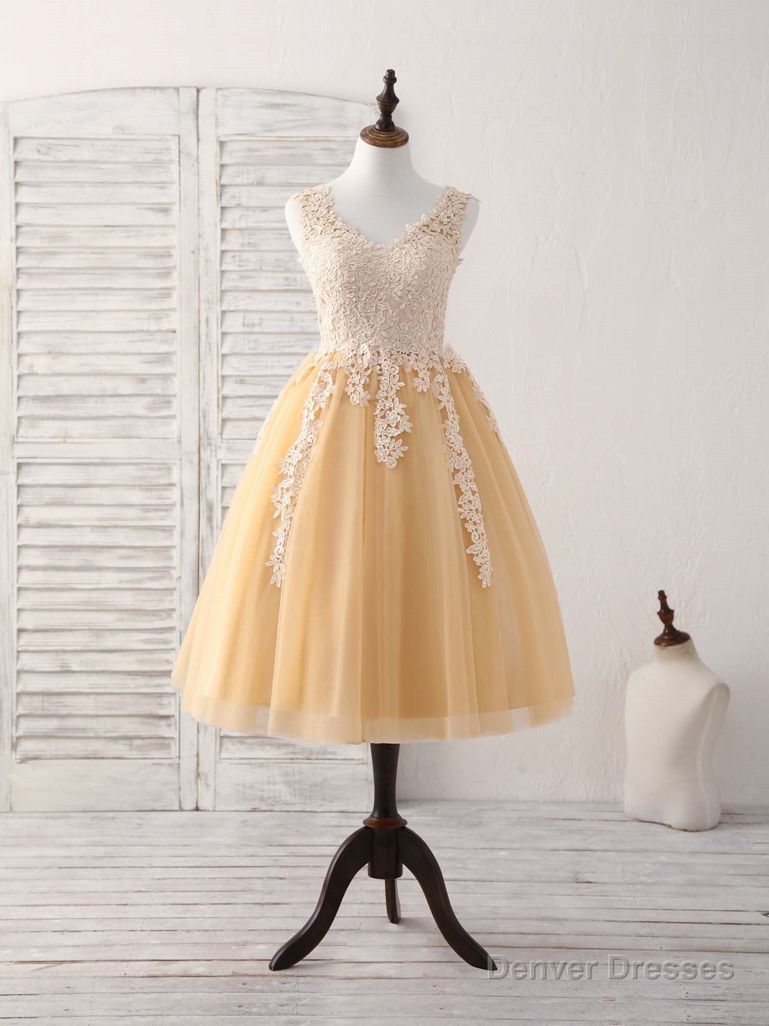 Champagne V Neck Tulle Lace Applique Short Prom Dresses Main image
