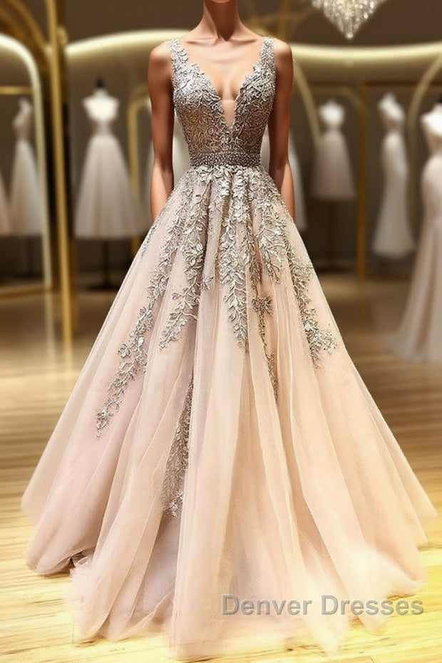 Champagne v neck tulle lace beads long prom Dress tulle formal Dress Main image