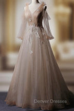 Champagne V Neck Tulle Lace Long Prom Dress, Champagne Formal Evening Dress